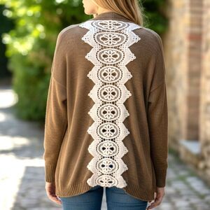 Umgee USA Tan Knit Sweater Crochet Lace Back Panel Boho Oversized S/M EUC